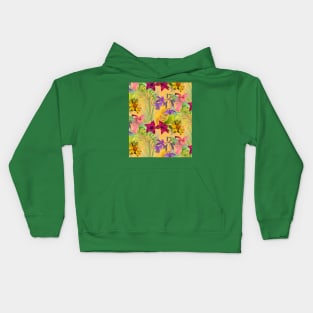 Elegant tropical flowers and leaves pattern purple illustration, yellow tropical pattern over a Kids Hoodie